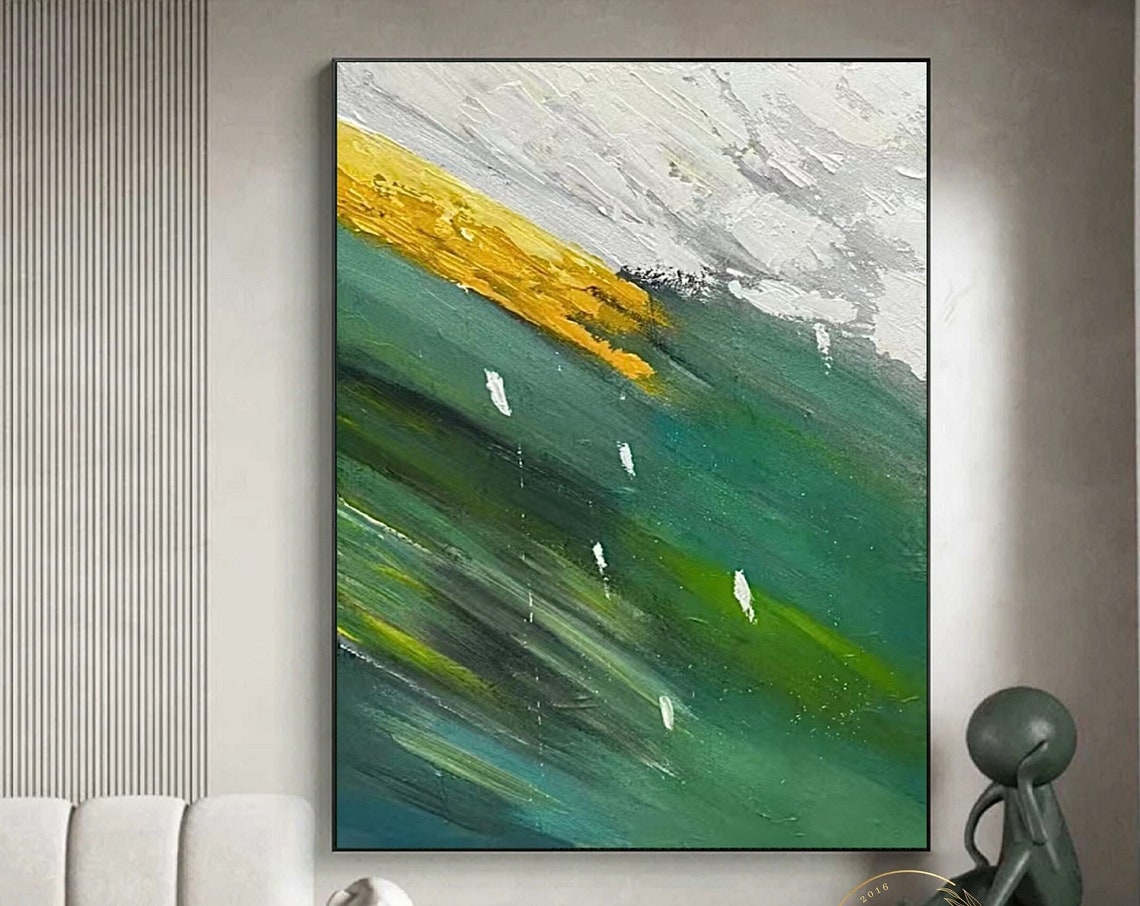 Diagonal Green Abstract with Bold Gold Band Modern Artwork Poster
