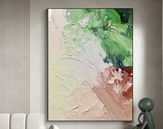 Large Green Texture Art 3d Texture Painting Original Green Oil Painting Beige Abstract Painting Modern Wall Art Minimalist Painting
