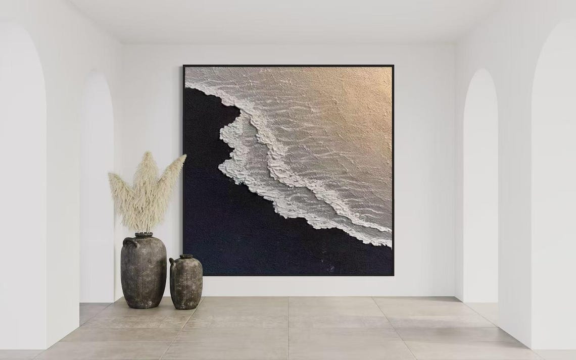 Gold White Foamy Ocean Waves on Black Square Textured Sea Poster - Image 3