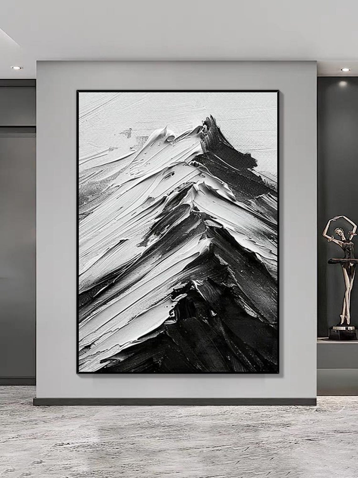 Abstract Snowy Mountains Oil Art Black White Acrylic Painting Modern Heavy Texture Home Wall Decor Personalized Winter Gift - Image 3