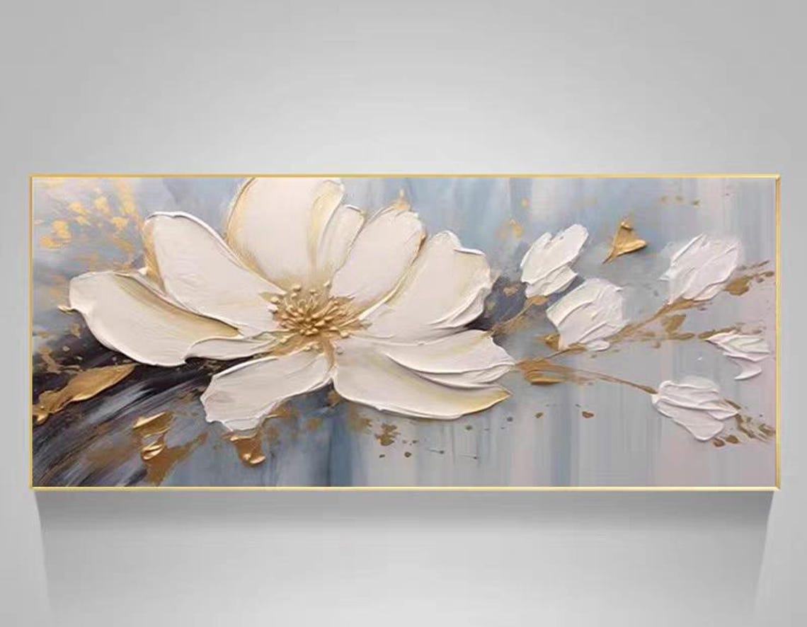 Horizontal White Bloom with Gold Accents Modern Floral Poster - Image 3