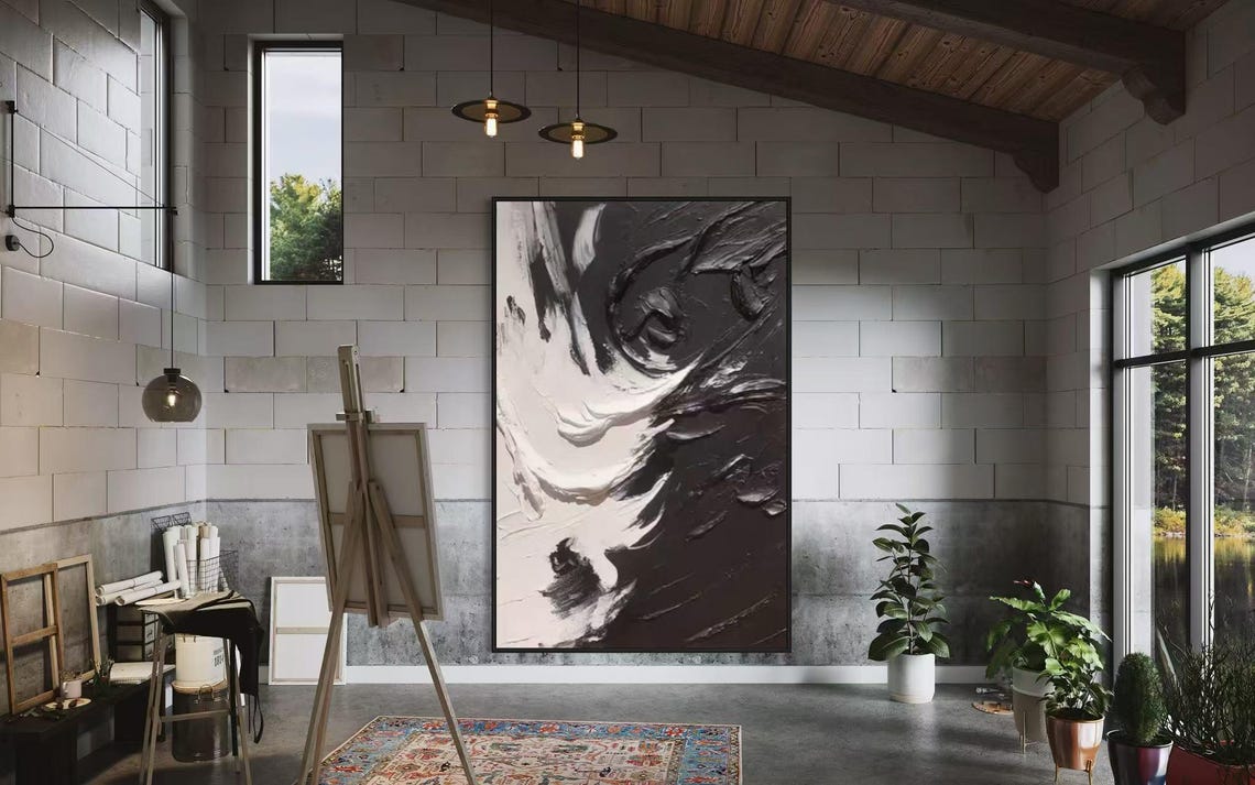 Modern Black White Acrylic Art 3d Textured Oil Painting On Custom Minimalist Handmade Artwork Extra Large Vertical Wall Decor - Image 3