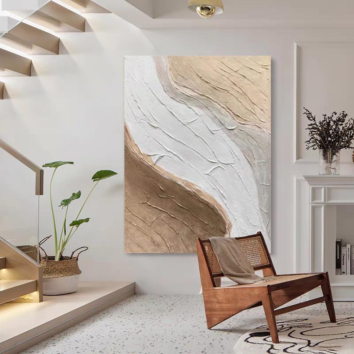 Sweeping Beige White and Taupe Curved Bands Textured Abstract Poster - Image 2