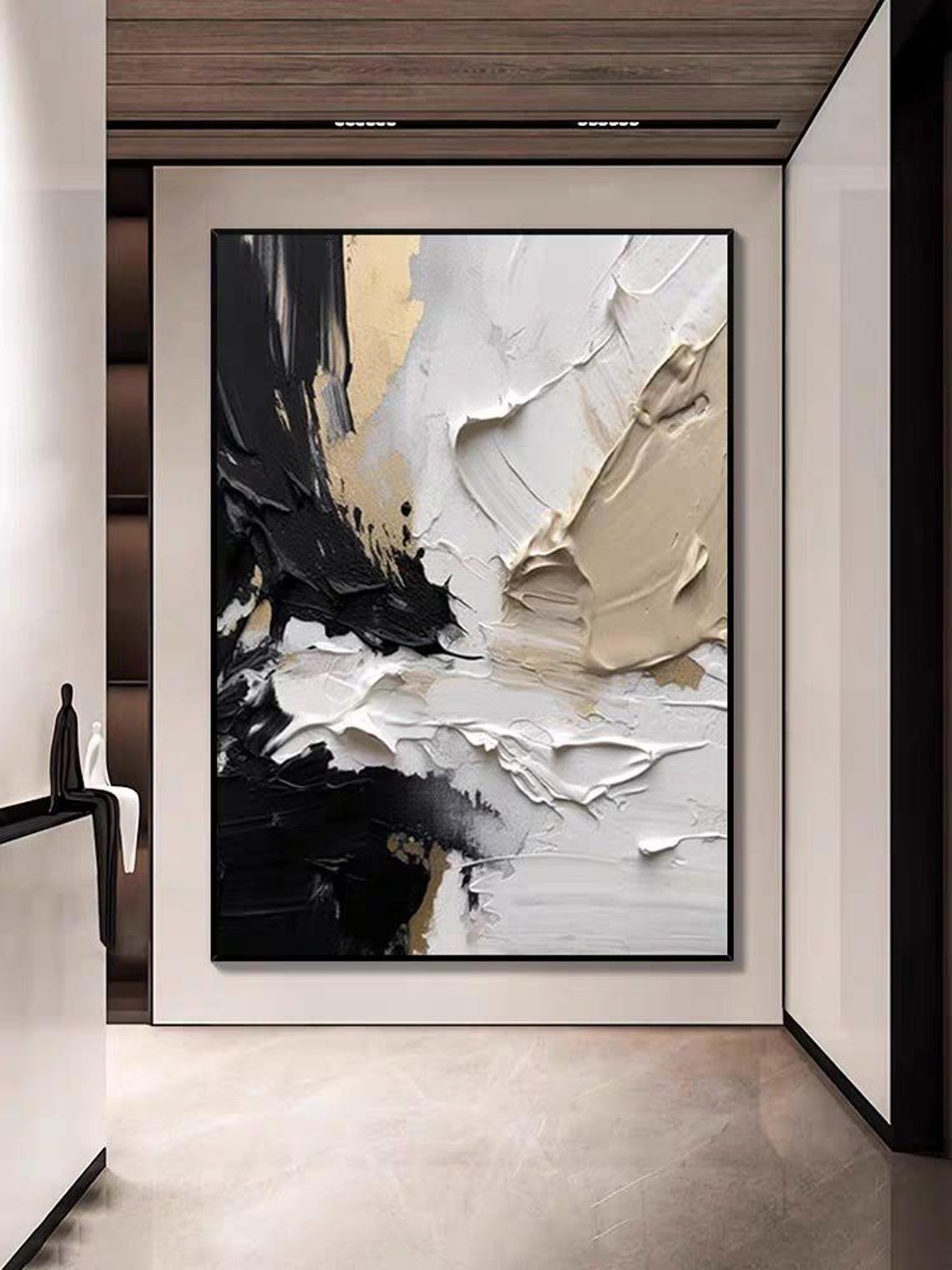 Black White Beige Palette Knife Thick Strokes Abstract Poster - Image 2