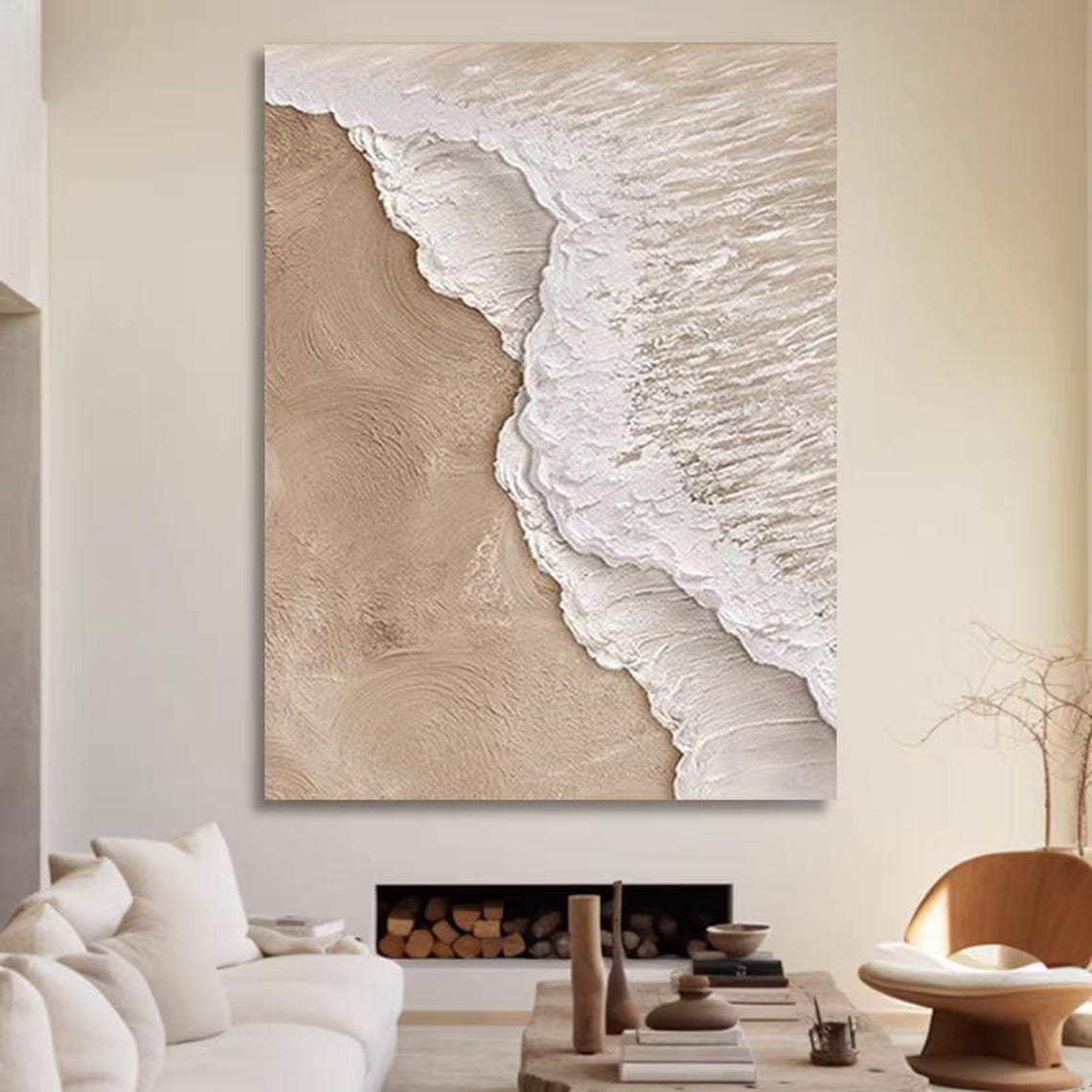 Textured Aerial Seaside Waves Foam Over Beige Sand Ocean Poster - Image 2