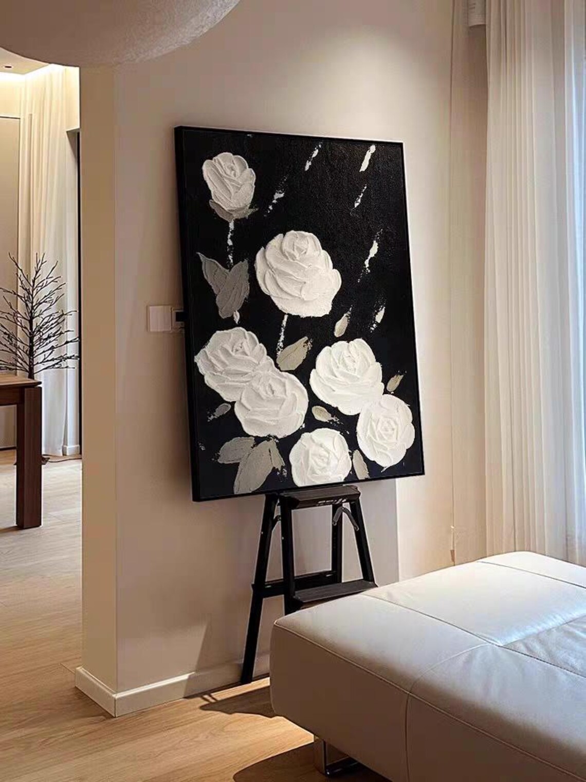 White Roses On Black Background 3D Textured Floral Art Poster - Image 3