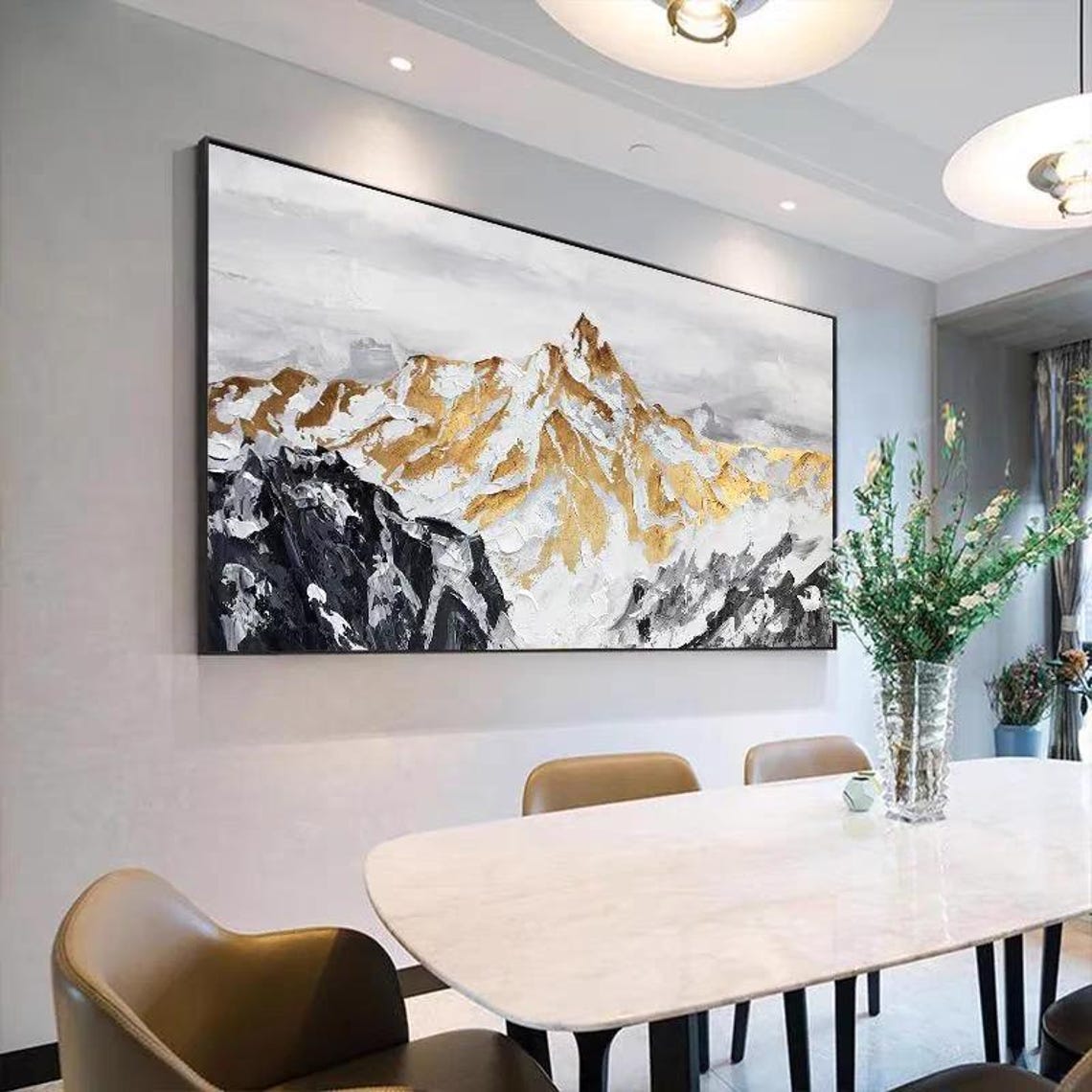 Gold Mountain Top Oil Painting Custom Black White Mountain Handmade Canva Art Extra Large Horizontal Drawing Room Wall Decor Artwork - Image 2