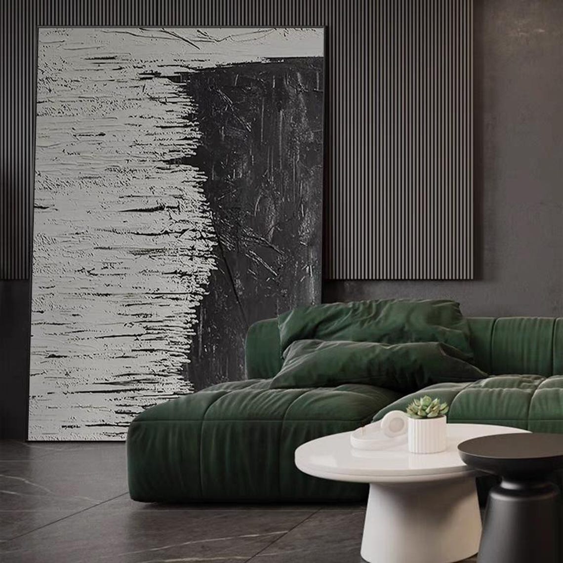 Black and White Split Half Textured Scratch Line Vertical Art Poster - Image 3
