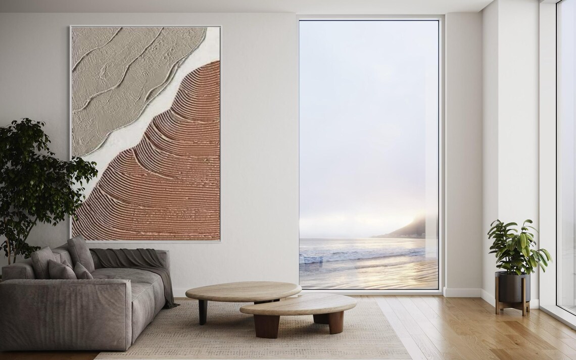 Orange Beige Splicing Oil Painting Modern Vertical Wall Hanging Art Extra Large Original Thick Textured Acrylic Artwork Personalized Art - Image 3