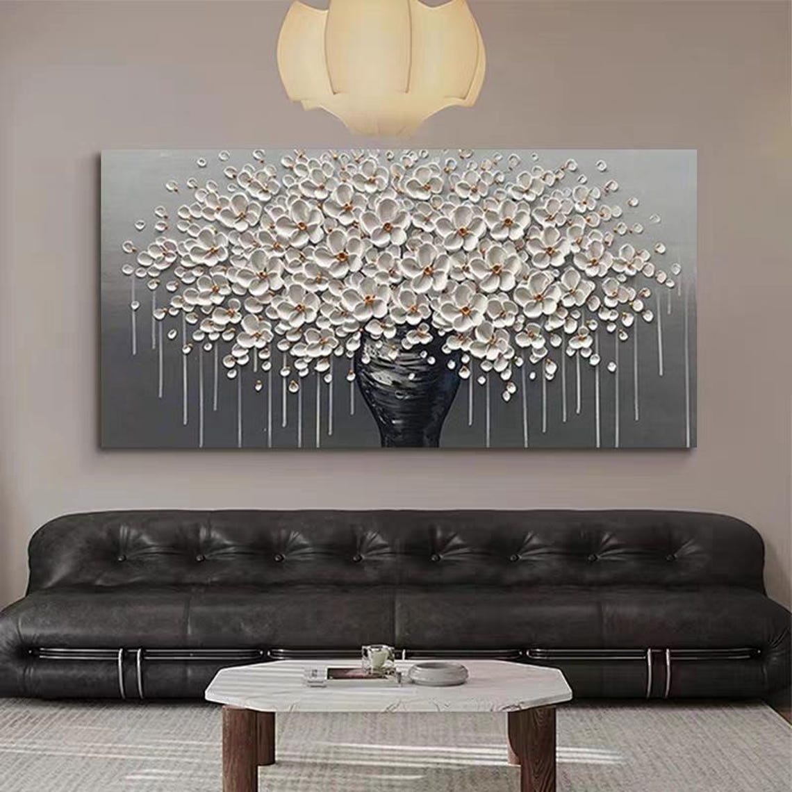 Black Vase With White Flowers Textured Floral Modern Painting Poster - Image 3