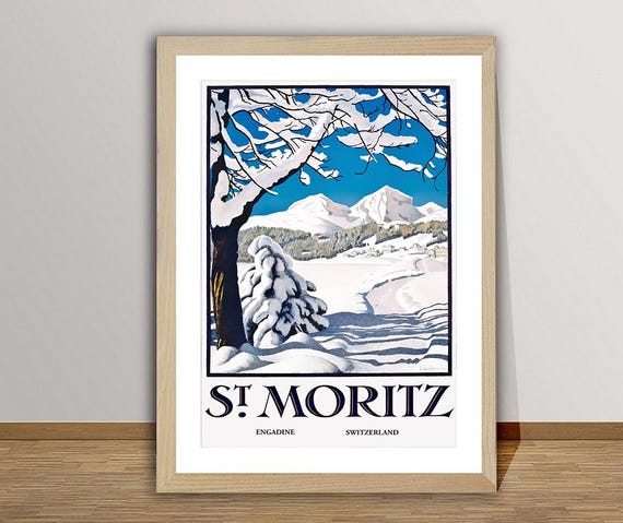 St Moritz Engadine Suisse Vintage Ski Poster Retro St Moritz Ski Poster Gift Idea Wall Decor