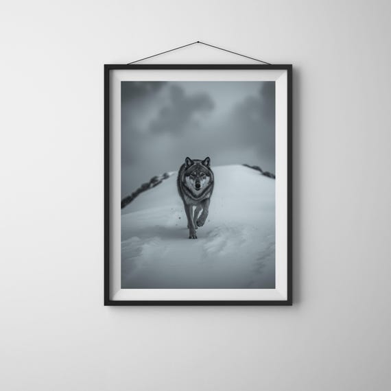 Lone Wolf In Snow Print Dramatic Black And White Wildlife Photography