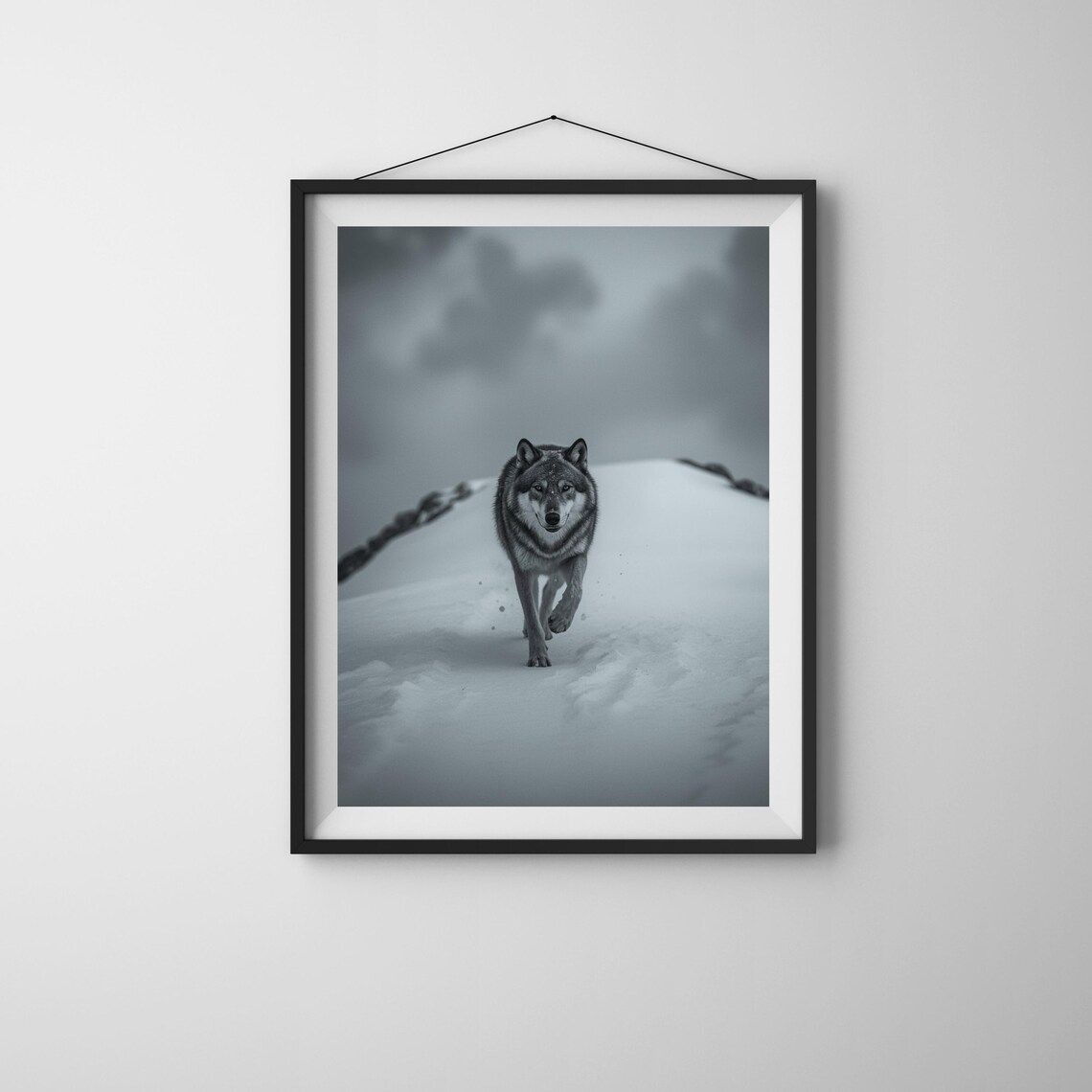 Lone Wolf Running Through Snow Moody Winter Wildlife Photography Poster
