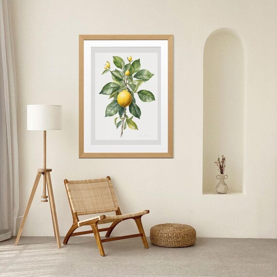 Lemon Branch Watercolor Botanical Citrus Kitchen Print Minimalist Fruit Art