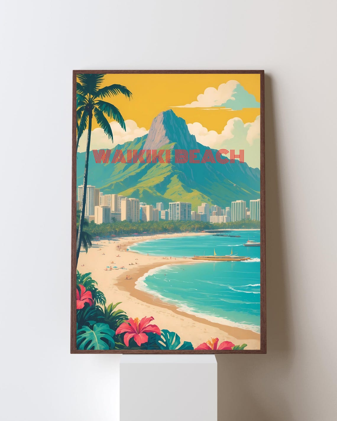 Waikiki Beach Hawaii Retro Travel Poster Diamond Head Surf Art