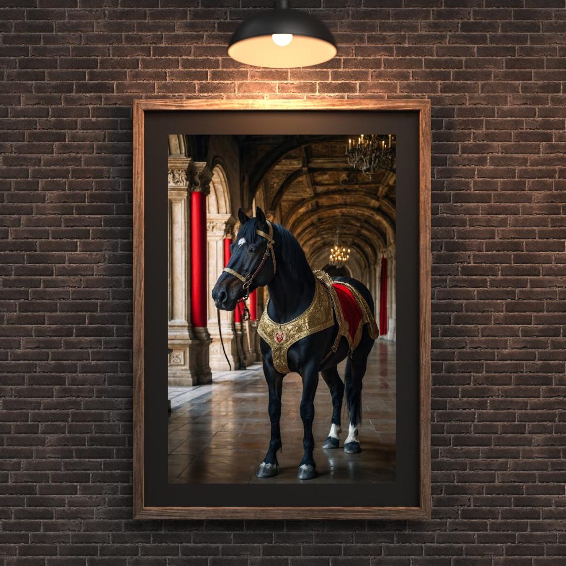 Royal Black Horse in Golden Medieval Armor Palace Portrait Poster