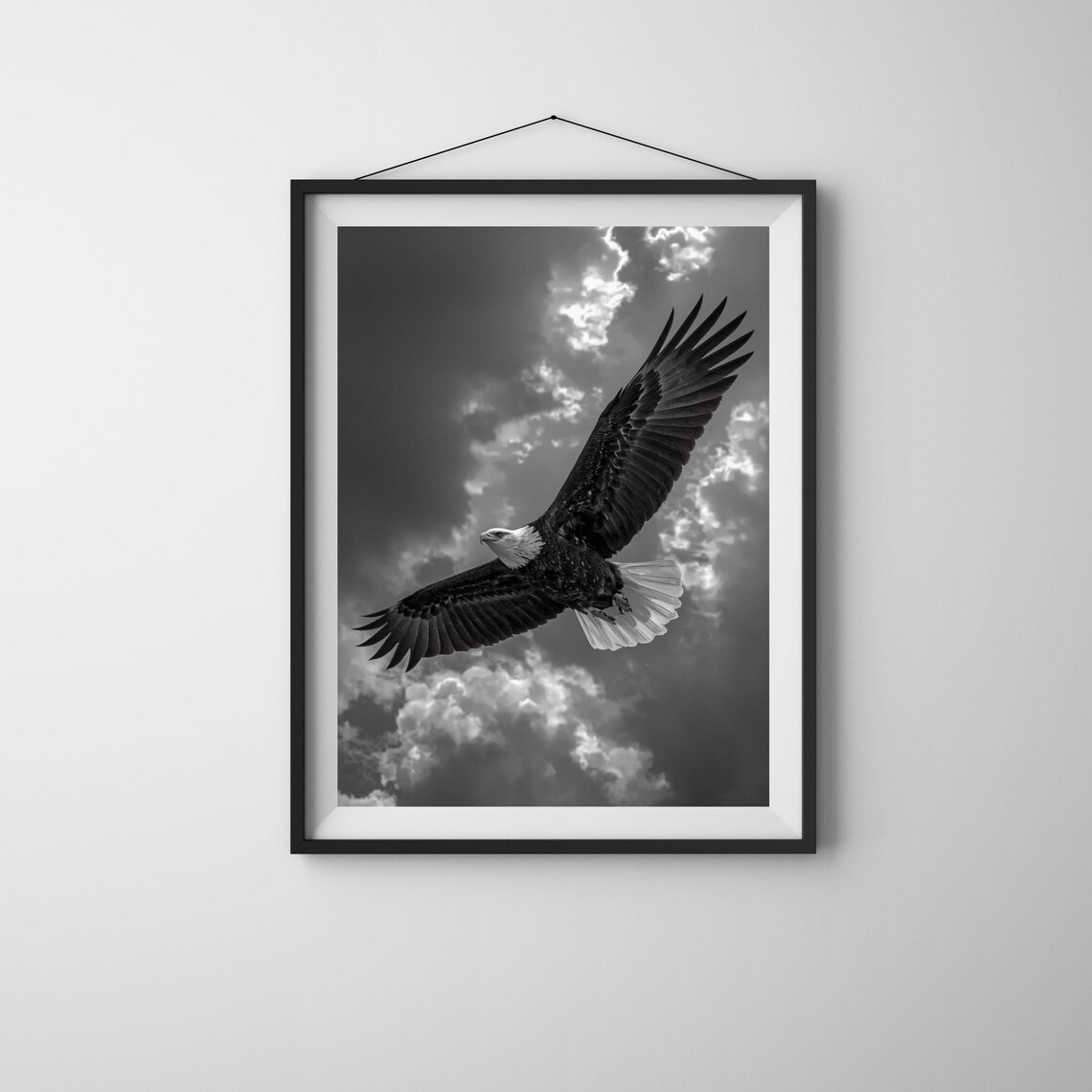 Bald Eagle Soaring Through Clouds Dramatic Black and White Photo Poster