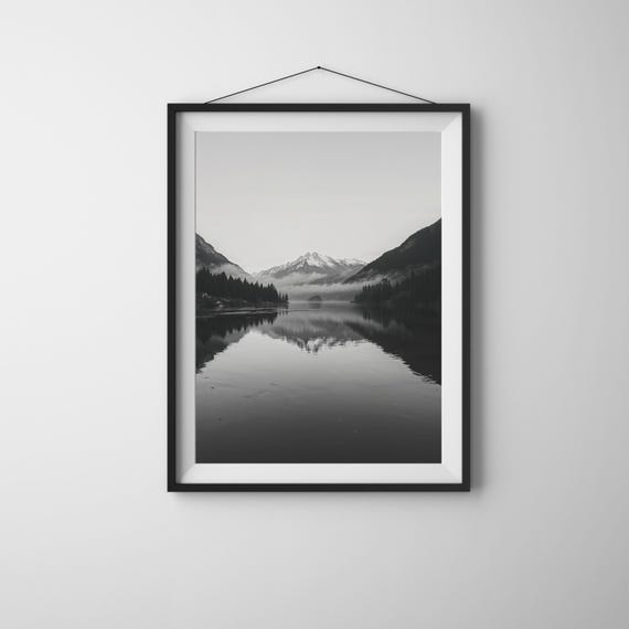 Black And White Mountain River Print Tranquil Landscape Wall Art Monochrome Misty Scene Nature Photography