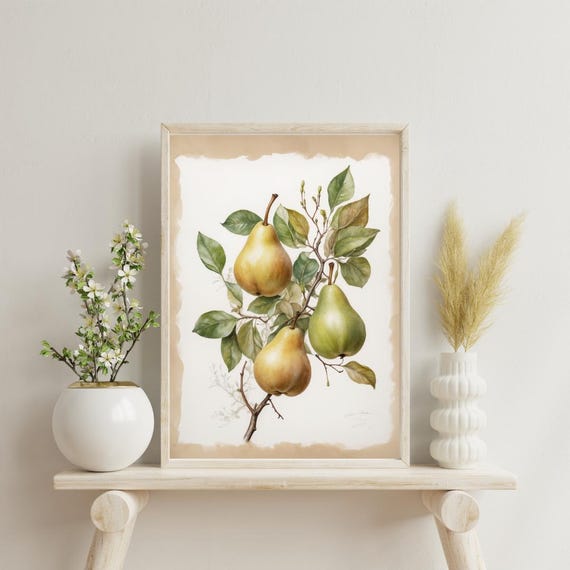 Pear Twig Wall Art Watercolor Yellow Green Fruit Print Rustic Botanical Kitchen Decor Png