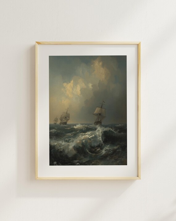 Stormy Ocean Sailing Ships Vintage Maritime Oil Painting Wall Art