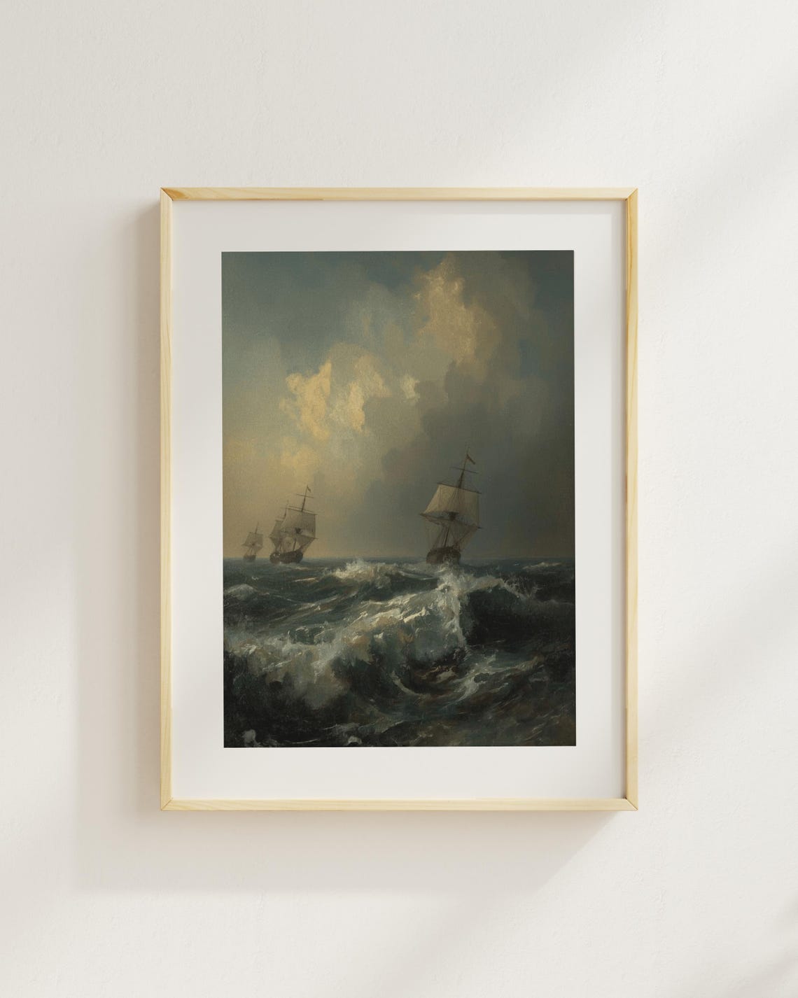 Stormy Ocean Sailing Ships Vintage Maritime Oil Painting Wall Art
