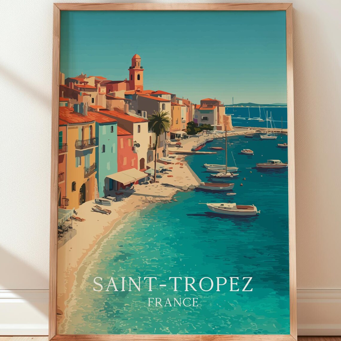 Saint Tropez France Travel Poster Beach Boats Pastel Old Town Seaside Artwork