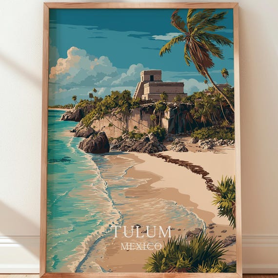 Tulum Ruins Travel Poster Mexico Beach Art Coastal Print