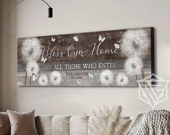 Bless Our Home And All Those Who Enter Custom Family Name Dandelion Field Wall Art Bible Sign Entryway Decor Faith Sign Verse