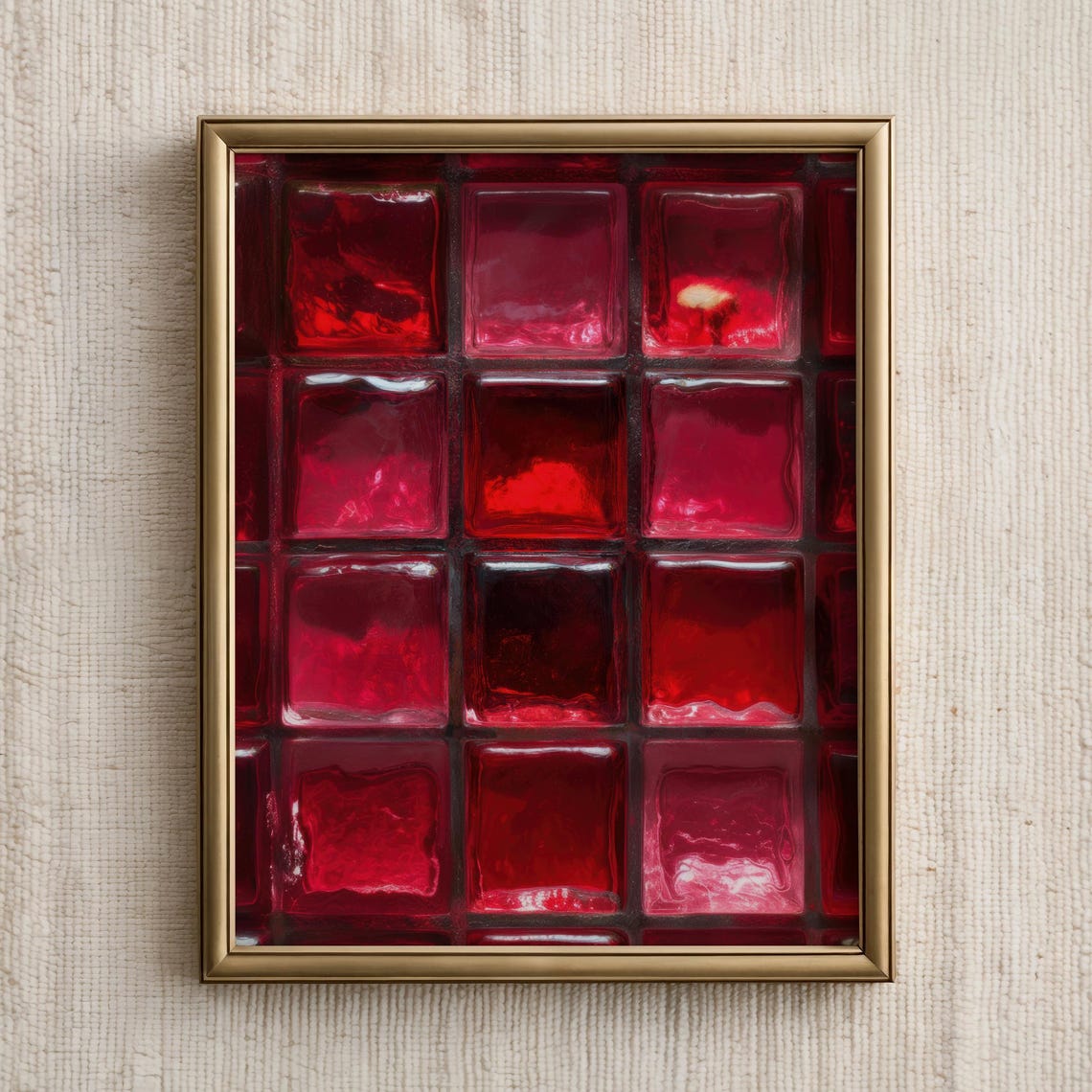 Red Glass Tile Grid Retro Abstract Crimson Textured Wall Art