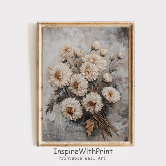 Chrysanthemum Flower Print Vintage White Floral Art Neutral Painting Moody Wall Decor