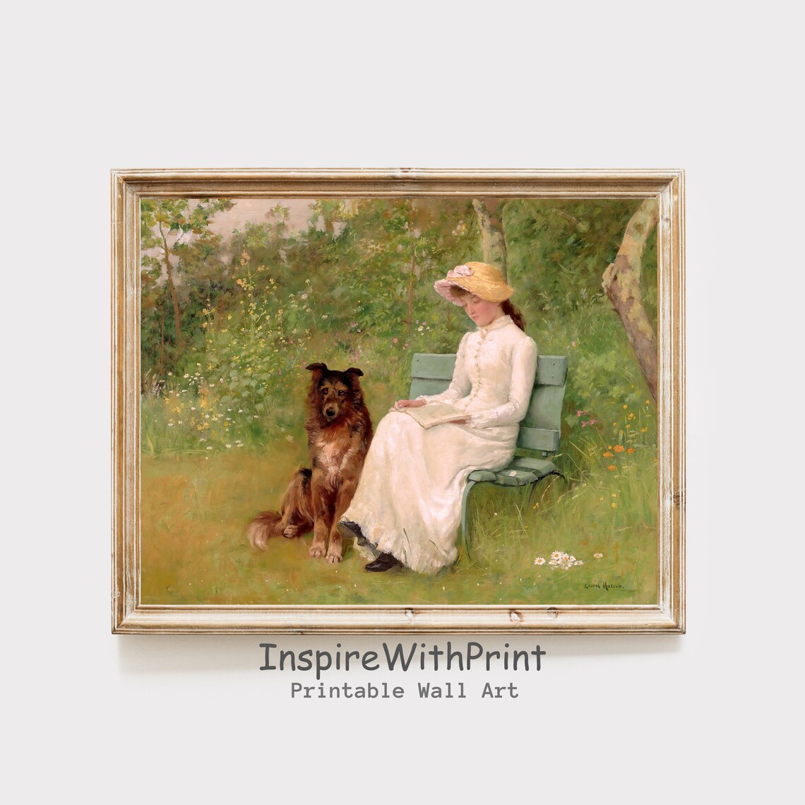 Vintage Woman Reading in Garden with Dog Pastoral Painting Poster