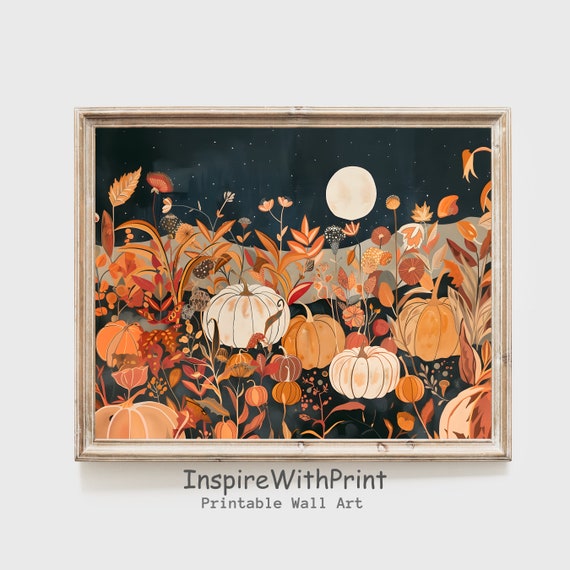 Fall Landscape Wall Art Pumpkin Field Painting Pumpkins Moody Autumn Print Cottage Decor