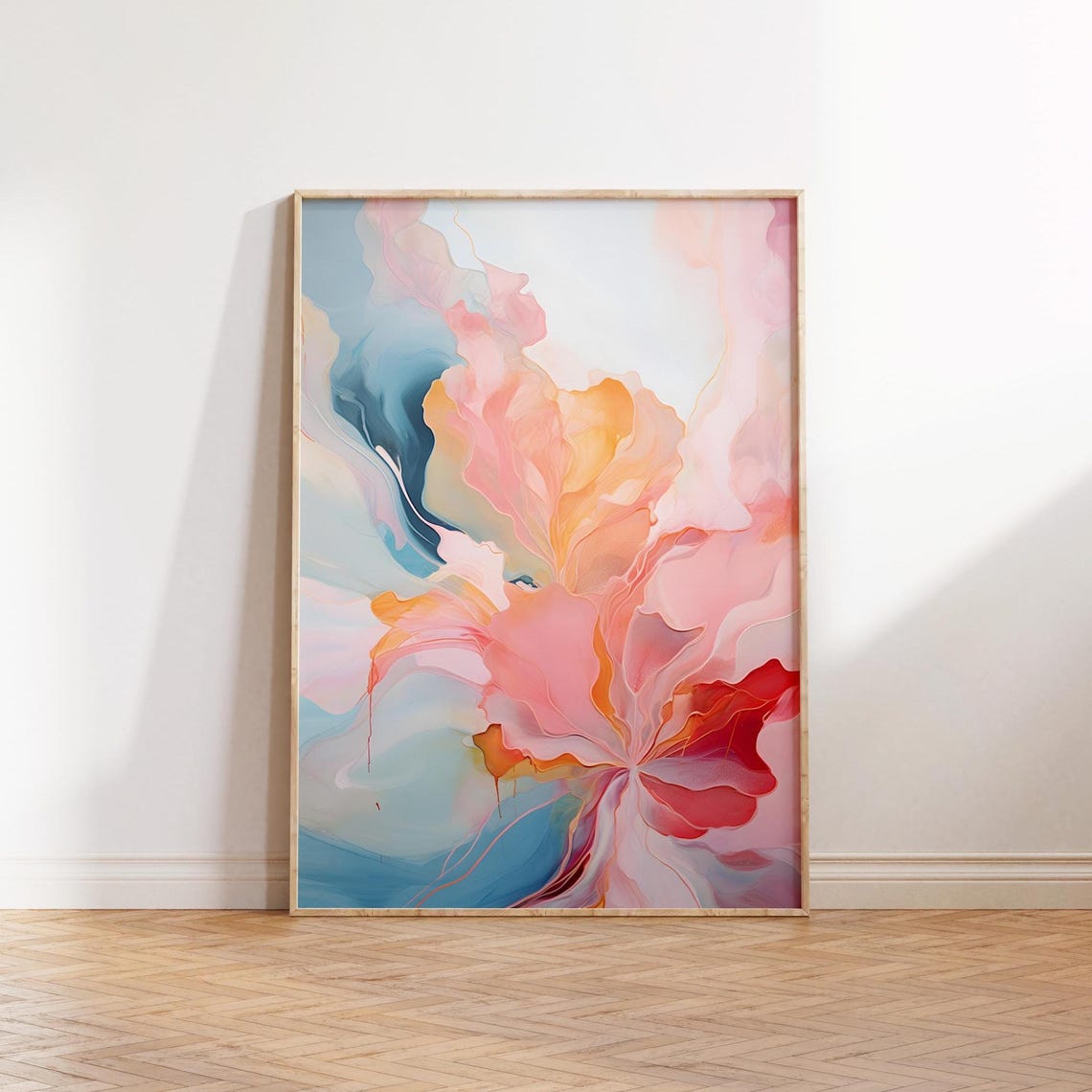 Abstract Pastel Pink Blue Orange Fluid Bloom Modern Art Poster Decor