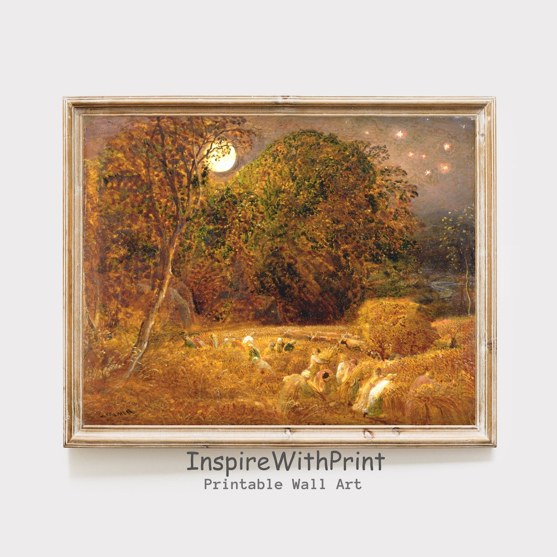 Moonlit Harvest Night Painting Wheat Field Vintage Pastoral Poster