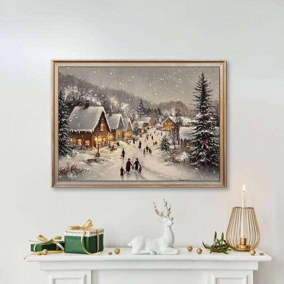 Snowy Christmas Village Vintage Painting Art Print