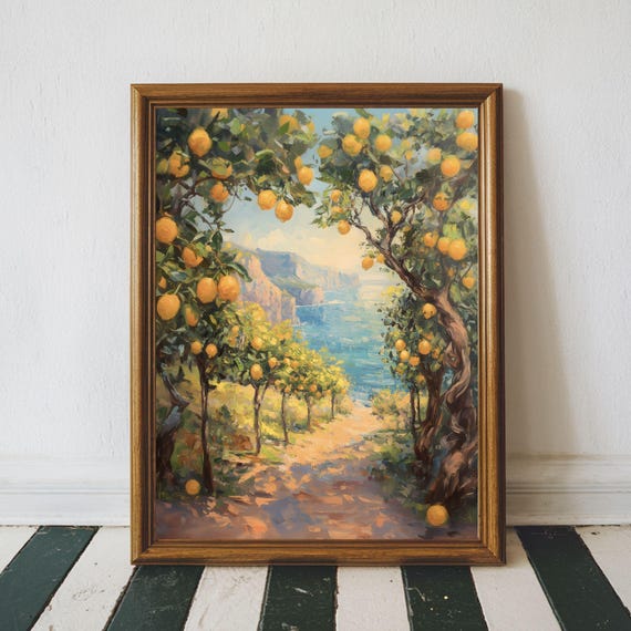 Mediterranean Landsacpe With Lemons Print Italian Seascape Wall Art Coastal Kitchen Moody Lemon Summer