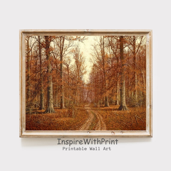 Rustic Fall Forest Landscape Painting Print Moody Autumn Scenery Wall Art Farmhouse Decor