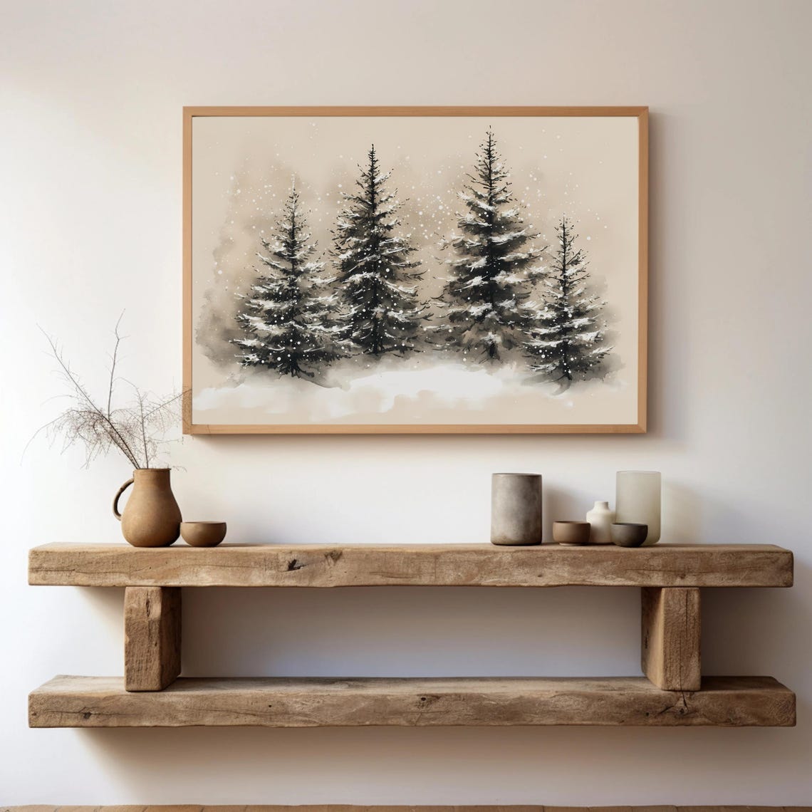 Snowy Pine Trees Quiet Winter Forest Watercolor Landscape Poster