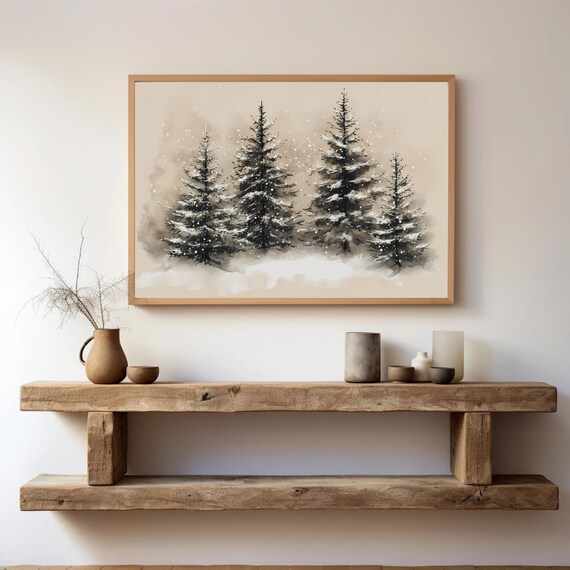 Snowy Pine Trees Quiet Winter Forest Watercolor Landscape Poster