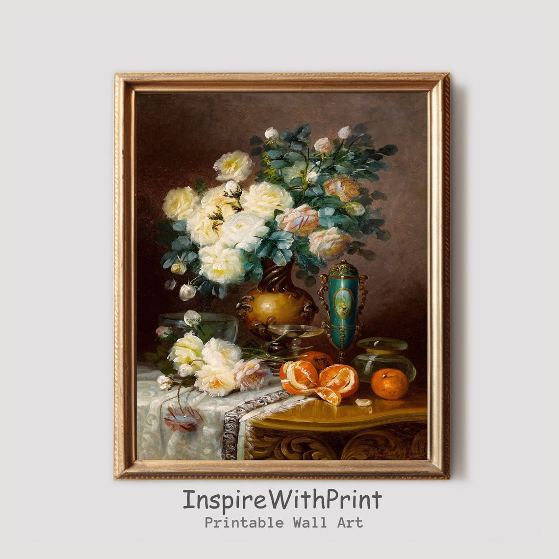 White Roses With Sliced Oranges Vintage Still Life Art Print