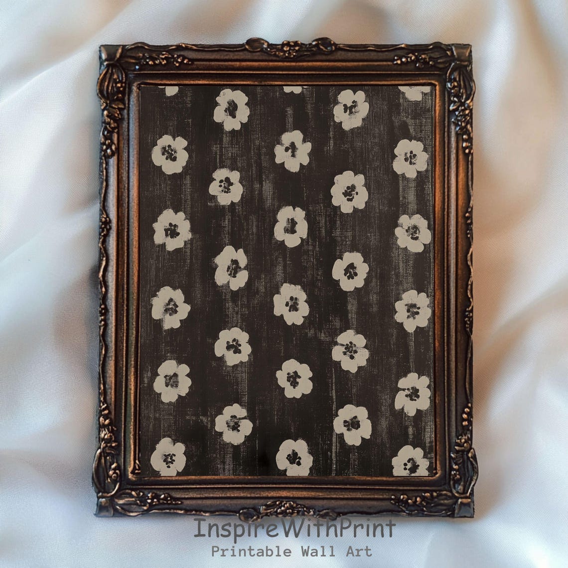 Vintage Black And White Floral Textile Pattern Botanical Art Print