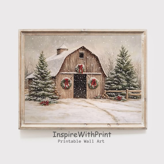 Christmas Barn Art Print, Rustic Farmhouse Winter