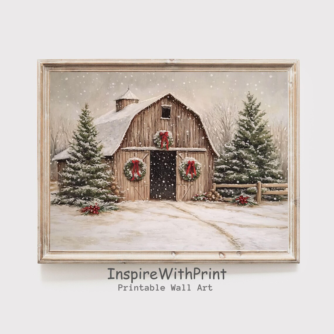 Christmas Barn Art Print, Rustic Farmhouse Winter