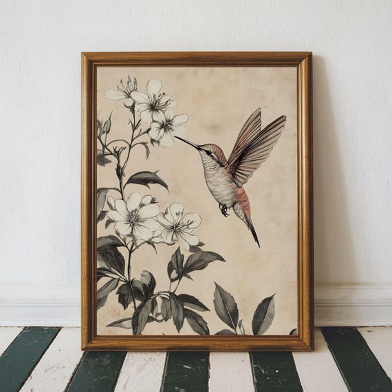 Vintage Hummingbird Print Moody Bird Lover Gift Wall Art Nature Neutral Decor