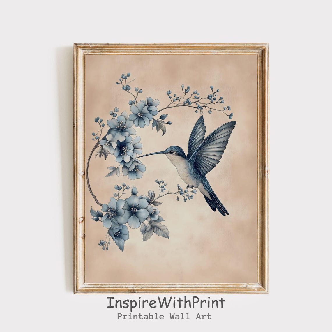 Hummingbird Hovering By Blue Blossoms Vintage Floral Art Poster