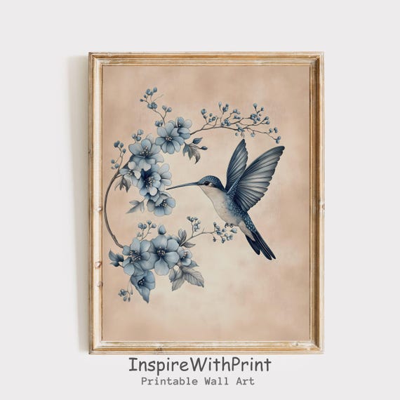 Vintage Hummingbird Print Moody Bird Lover Gift Blue Wall Art Cottage Core Grand Millennial