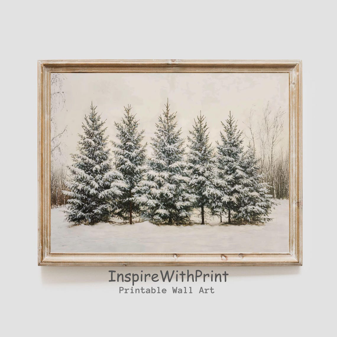 Snow Covered Pine Trees Row in Serene Winter Landscape Poster