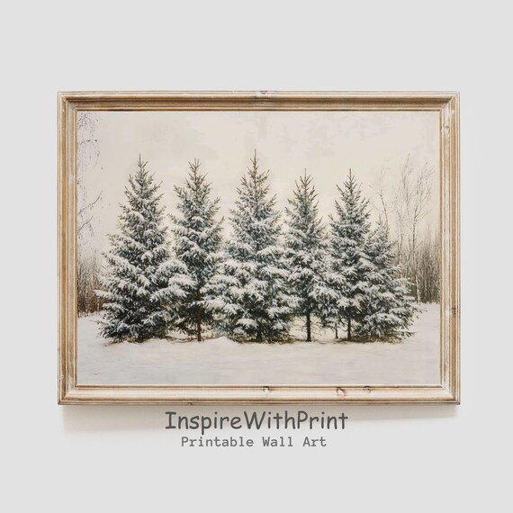 Snow Covered Pine Trees Row in Serene Winter Landscape Poster