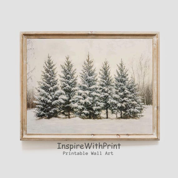 Snowy Pine Tree Painting Snow Winter Landscape Art Print Moody Christmas Farmhouse