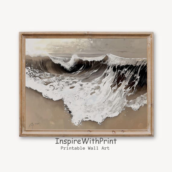 Rustic Coastal Landscape Wall Art Boho Beach Print Moody Ocean Wave Neutral Seascape Decor Waves Painting